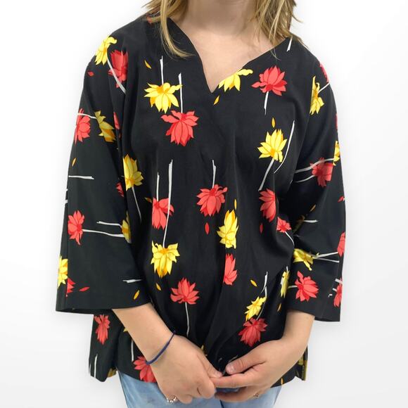 90s TOP NOTCH Vintage Black Red Floral Print V-Neck Blouse - Picture 1 of 6